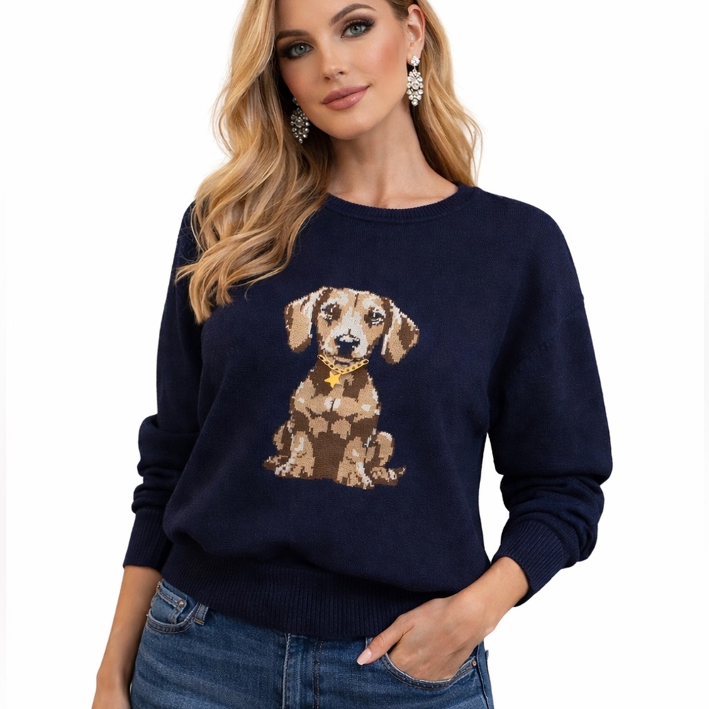 008.New  Navy  Sweater with Dog Design with 3D metal chain